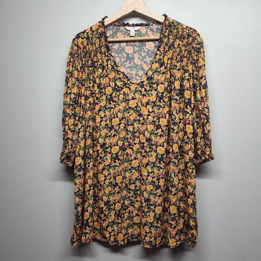 Terra & Sky Tunic Top Women Plus Size 2X  Blue Floral Short Sleeve Feminine